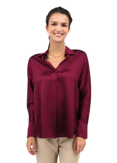 Silk Half Button Blouse in Sangria