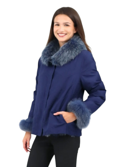 Silk Reversible Genuine Fur Jacket in Marine