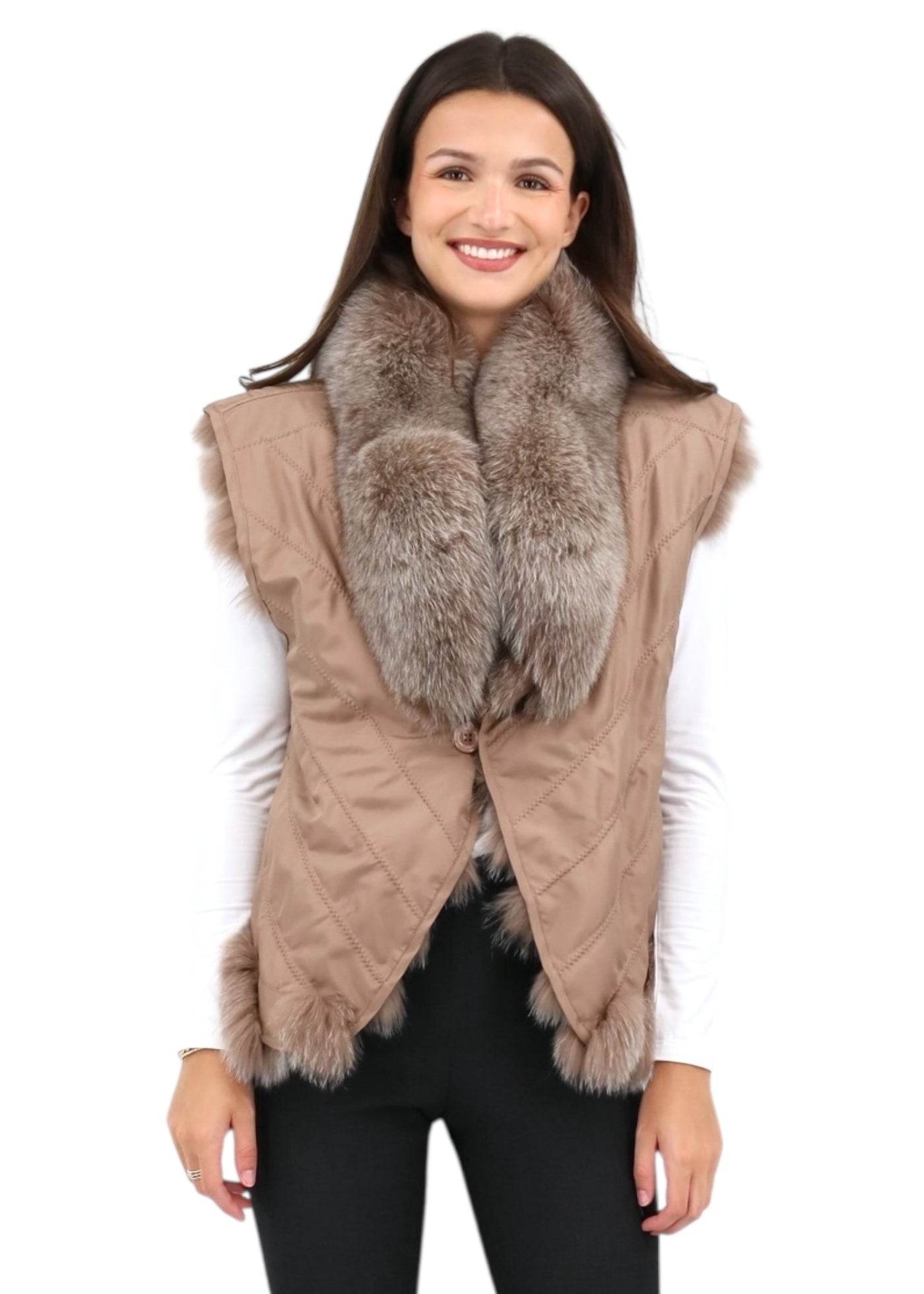 Silk Reversible Genuine Fur Short Vest in Caffe Latte