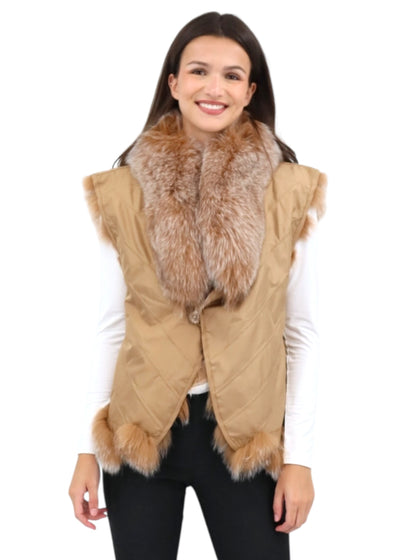 Silk Reversible Genuine Fur Short Vest in Camel
