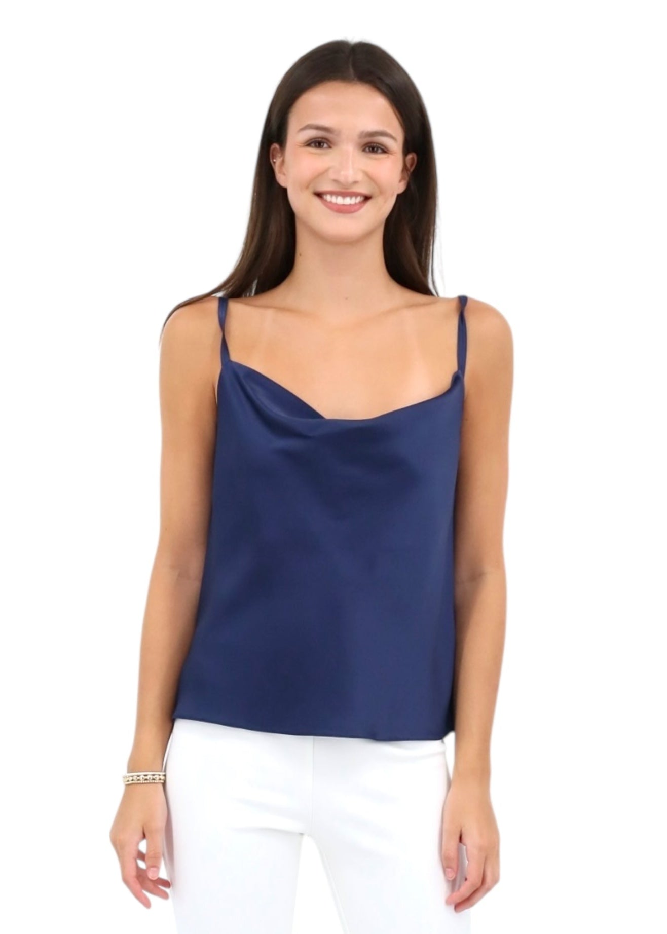 Cowl Neck Silk Tank Top in Navy
