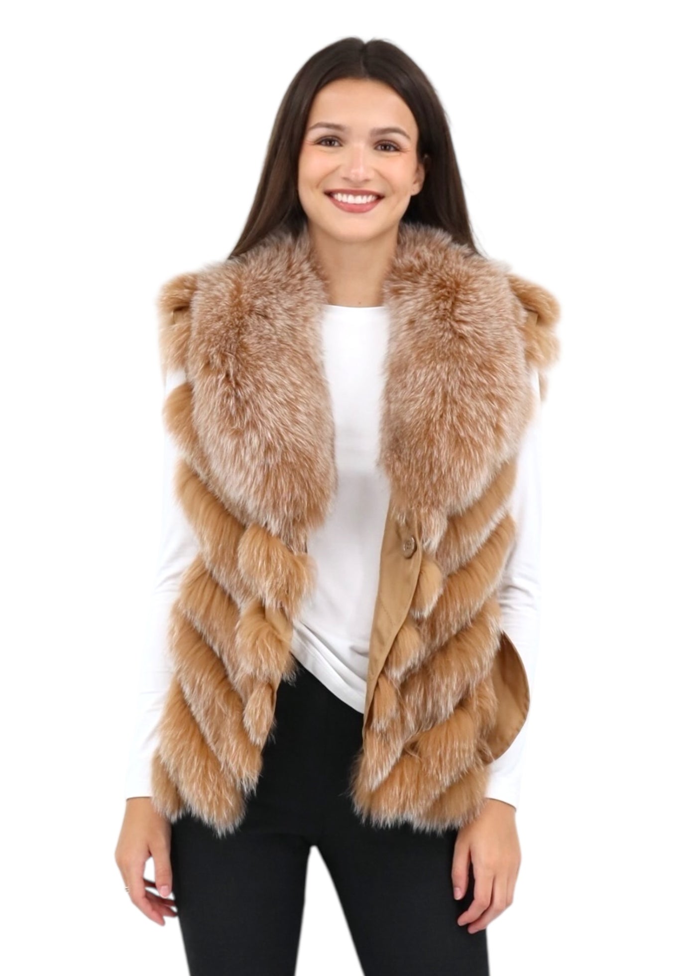 Silk Reversible Genuine Fur Short Vest in Camel