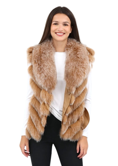 Silk Reversible Genuine Fur Short Vest in Camel