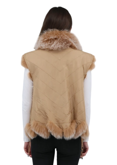 Silk Reversible Genuine Fur Short Vest in Camel