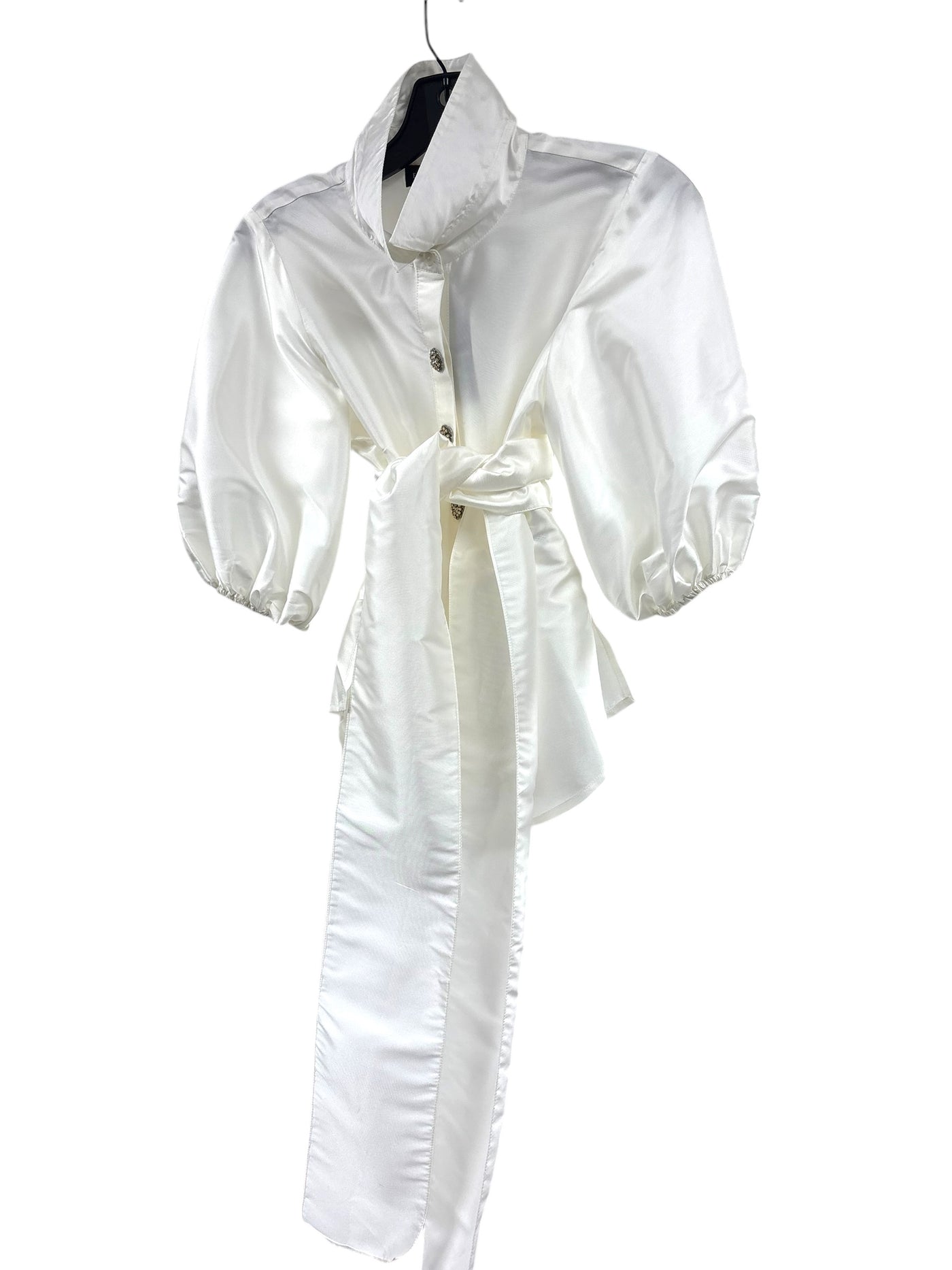 Puff Sleeve Taffeta Wrap Medallion Button Blouse in Ivory