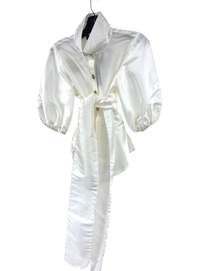 Puff Sleeve Taffeta Wrap Medallion Button Blouse in Ivory