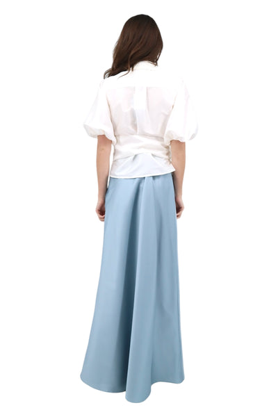 Puff Sleeve Taffeta Wrap Medallion Button Blouse in Ivory