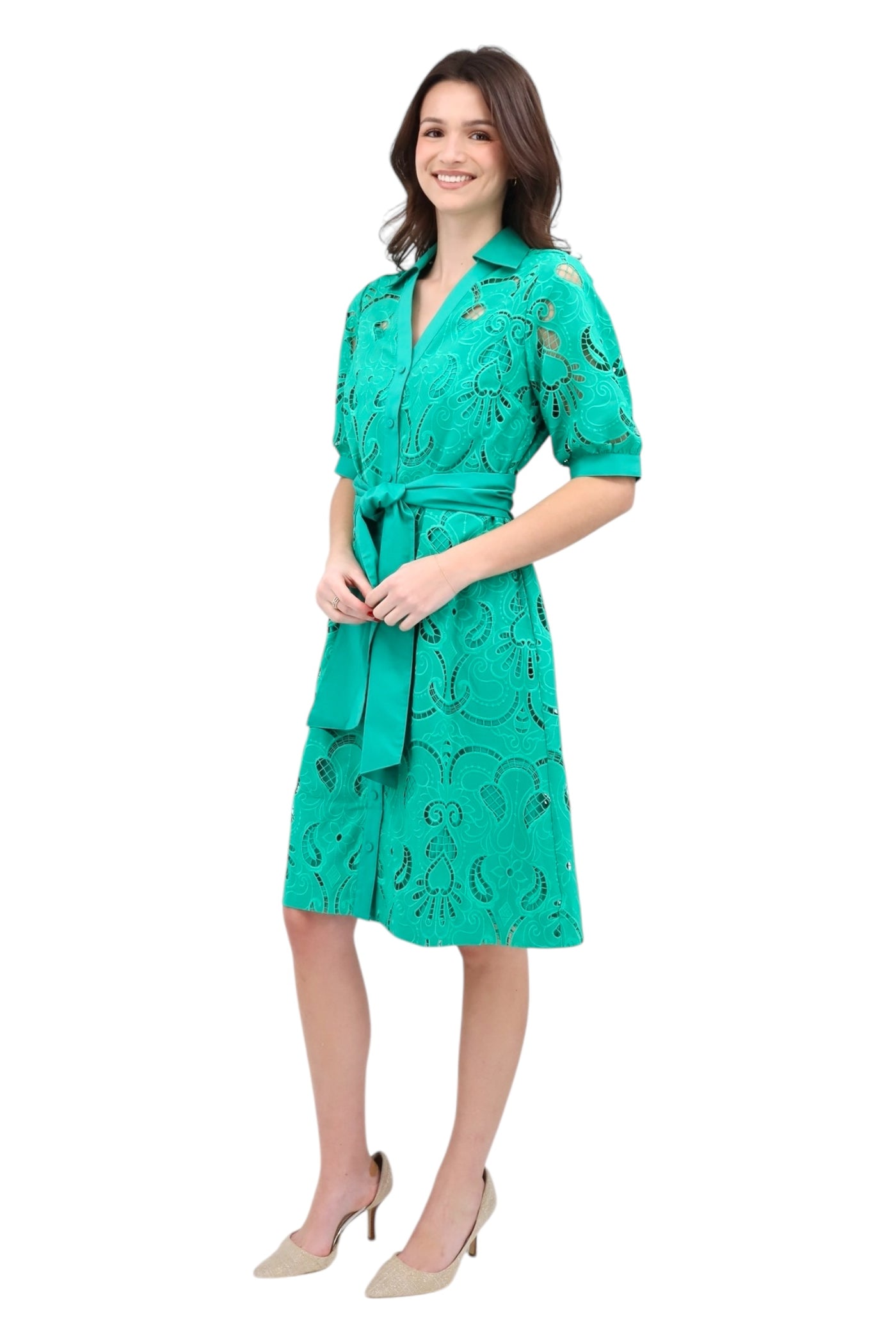 Luca Elbow Sleeve Embroidery Dress in Jade