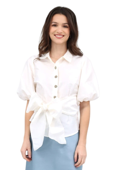 Puff Sleeve Taffeta Wrap Medallion Button Blouse in Ivory