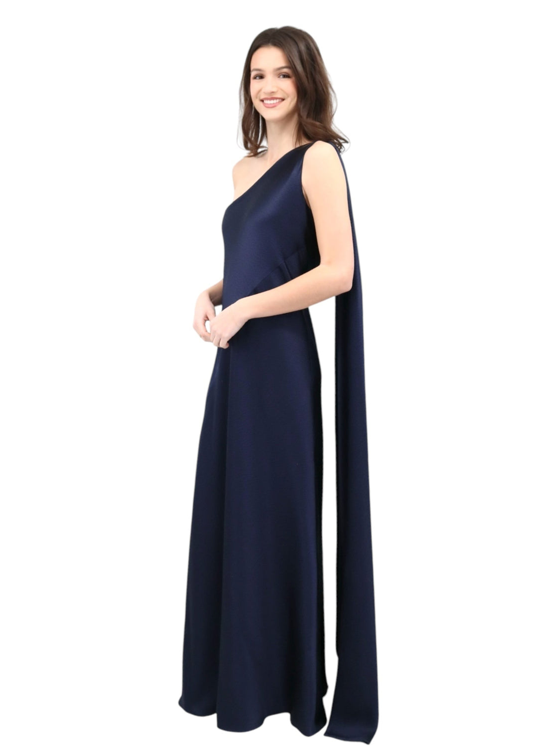 Hammered Satin Scarf Gown in Navy Hammered Satin Scarf Gown in Navy