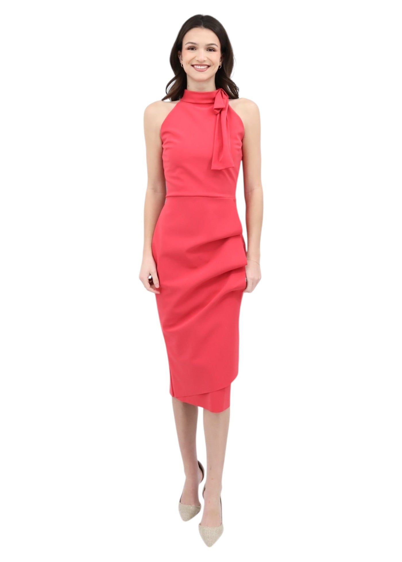 Adania Ruffle Jersey Halter Midi Dress in Peach