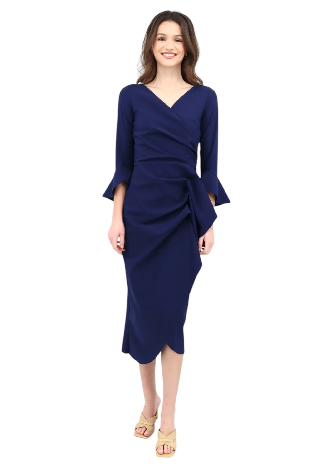 Triwan Ruffle-Trim Slim-Fit Midi-Dress in Blu Notte Carl Meyers Triwan Ruffle-Trim Slim-Fit Midi-Dress in Blu Notte Carl Meyers