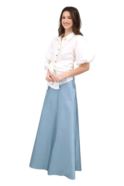 Puff Sleeve Taffeta Wrap Medallion Button Blouse in Ivory