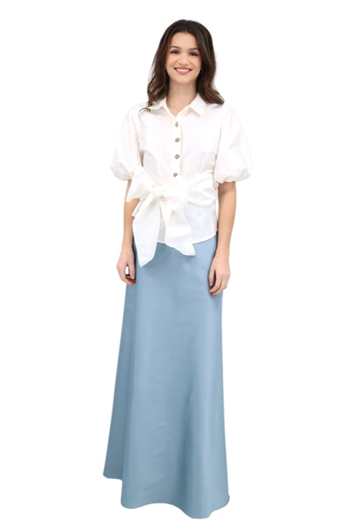 Puff Sleeve Taffeta Wrap Medallion Button Blouse in Ivory