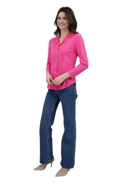 Donna 3/4 Sleeve Wing Collar Blouse in Hot Pink