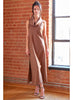 Cowl Neck Sueded Back Satin Dress in Tan