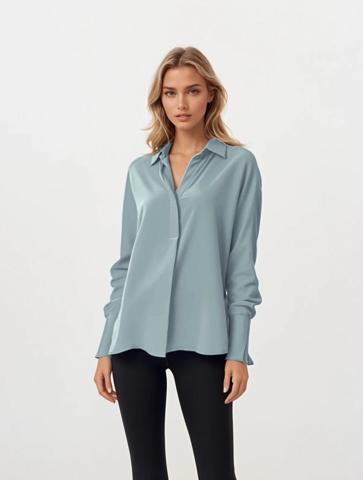 Crepe Half Button Blouse in Clear Water Blue