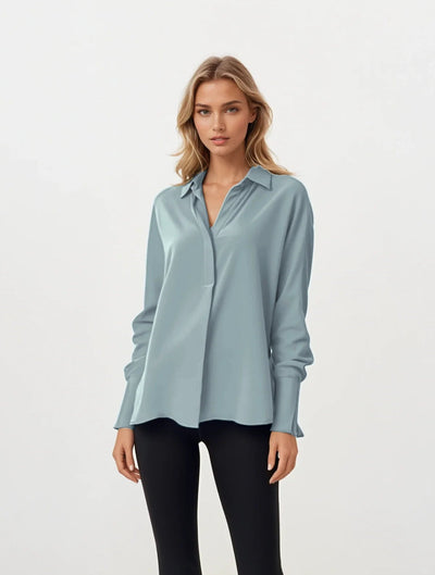 Crepe Half Button Blouse in Clear Water Blue