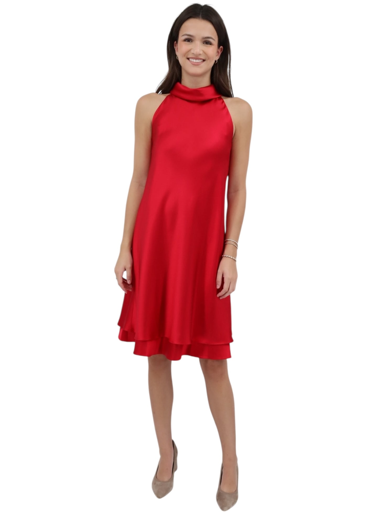 Satin Back Crepe Halter Dress in Red