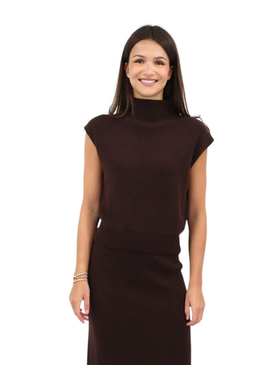 Rib Cap Sleeve Mock Neck in Chocolate
