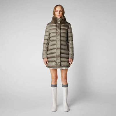 Dalea Puffer Coat with Faux Fur Collar in Mud Grey