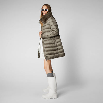 Dalea Puffer Coat with Faux Fur Collar in Mud Grey