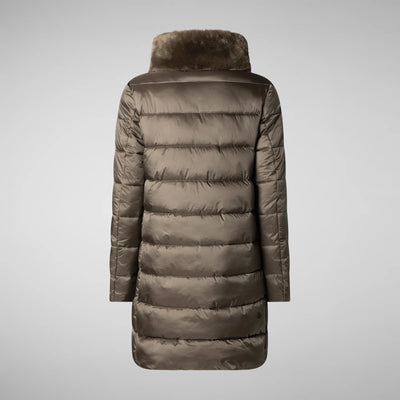 Dalea Puffer Coat with Faux Fur Collar in Mud Grey