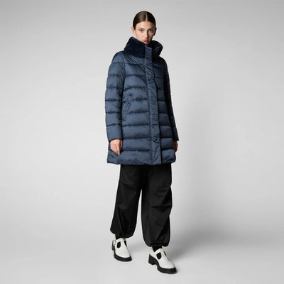 Dalea Puffer Coat with Faux Fur Collar in Night Blue