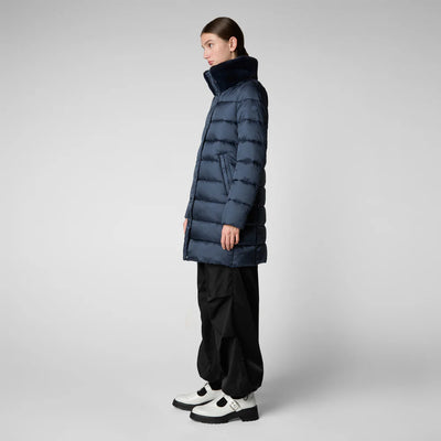 Dalea Puffer Coat with Faux Fur Collar in Night Blue