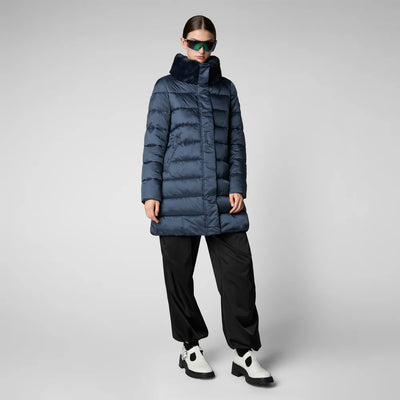 Dalea Puffer Coat with Faux Fur Collar in Night Blue