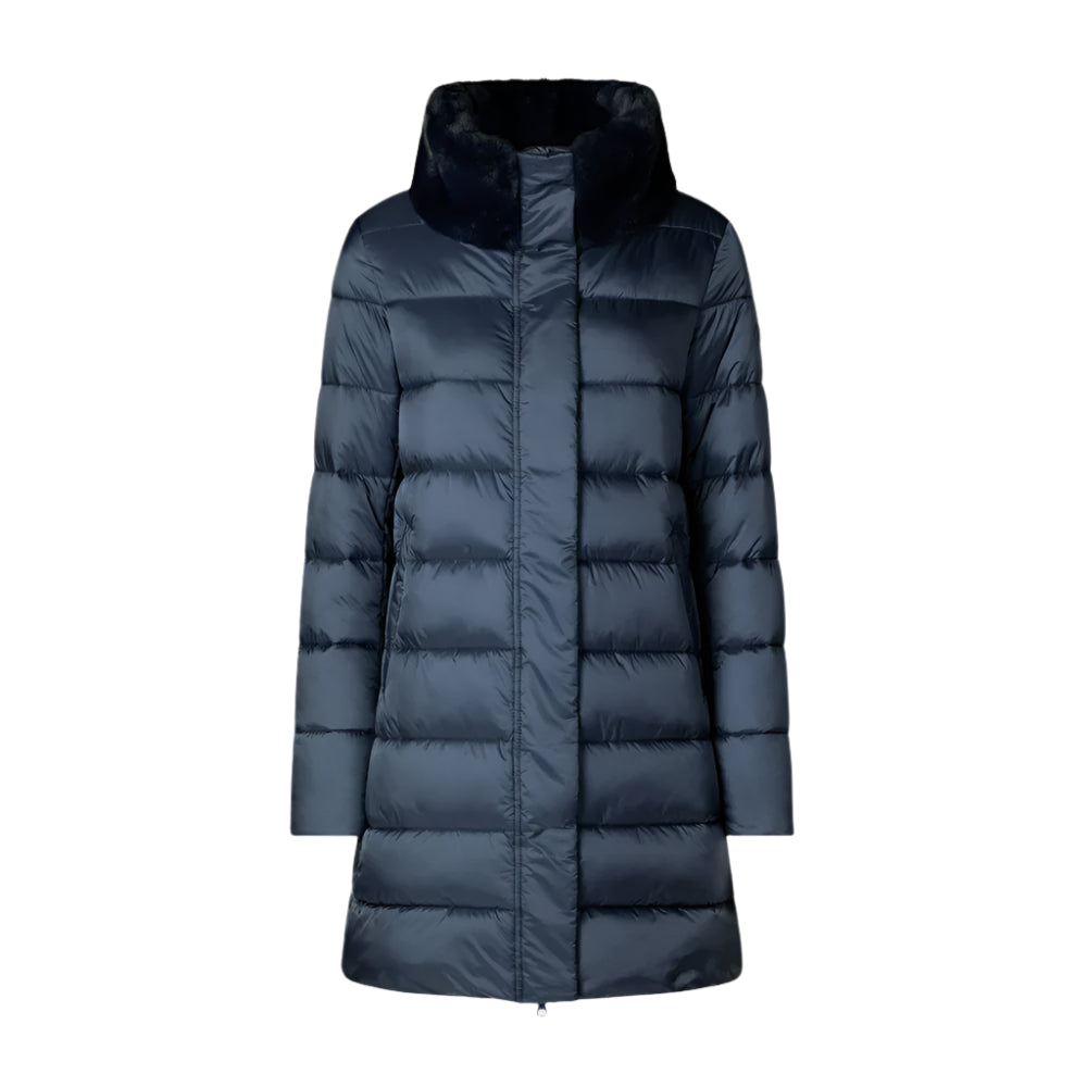 Dalea Puffer Coat with Faux Fur Collar in Night Blue