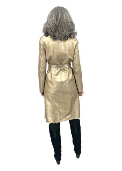 Notch Collar Metallic Suede Trench Coat in Gold