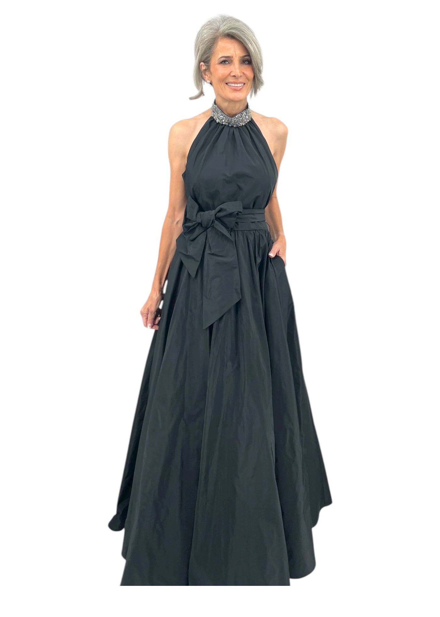 T-Neck Gown with Crystal Neck in Black