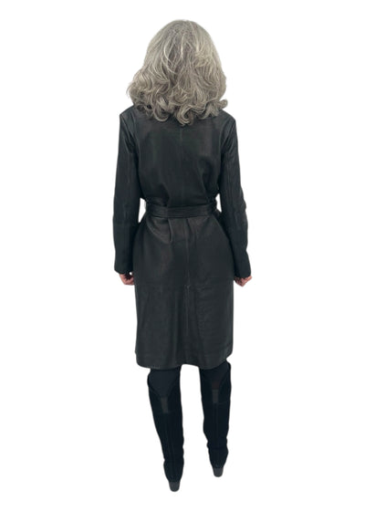 Notch Collar Metallic Suede Trench Coat in Black
