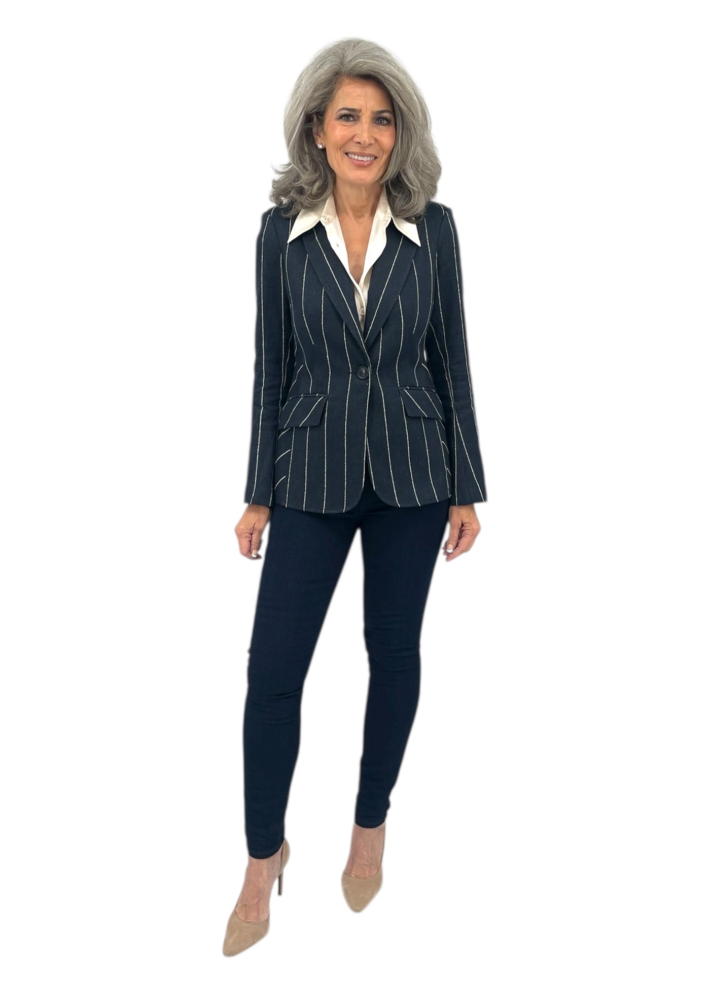 Pinstripe Trompette Sleeve Blazer in Navy