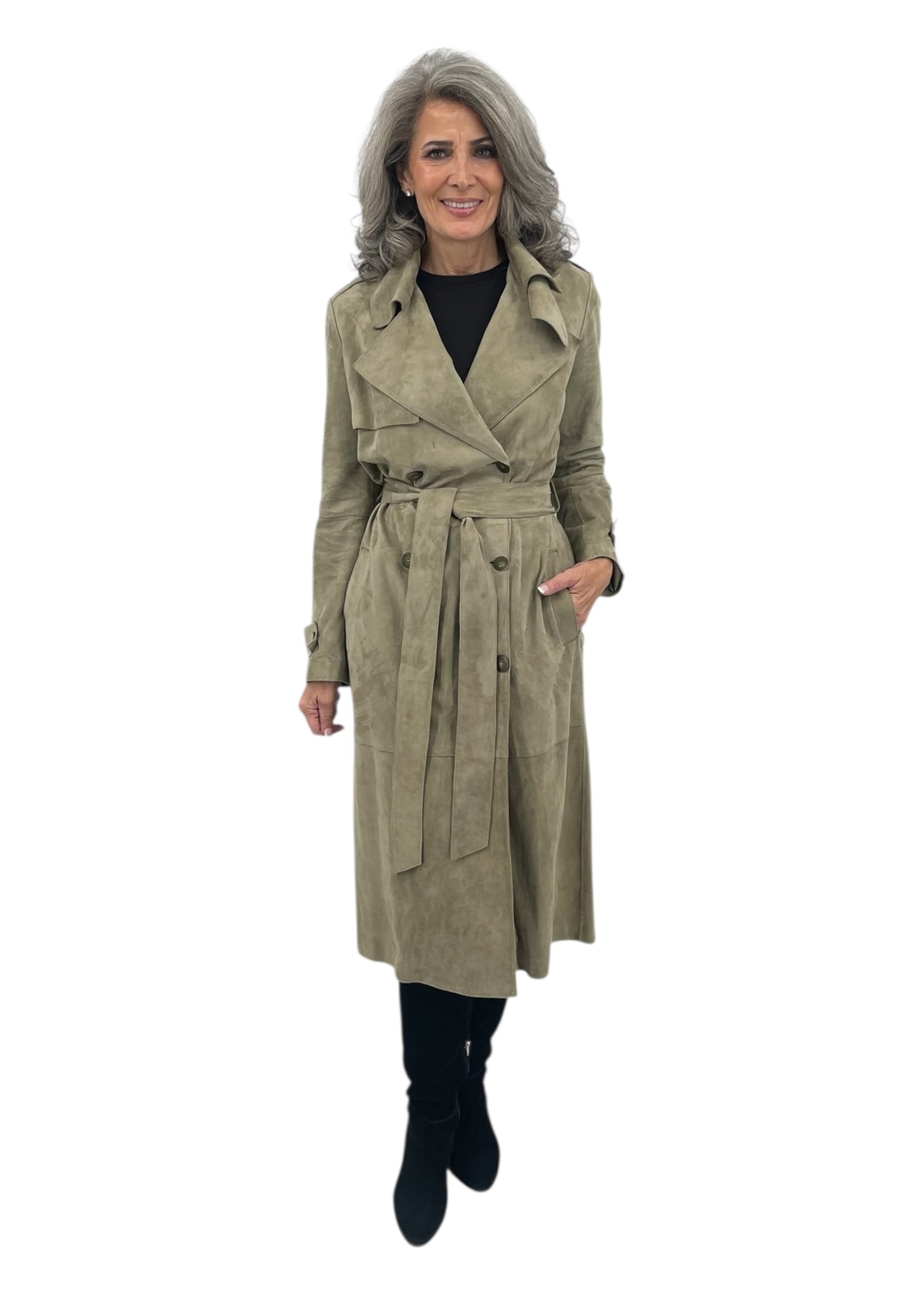 Suede Trench Coat in Olive