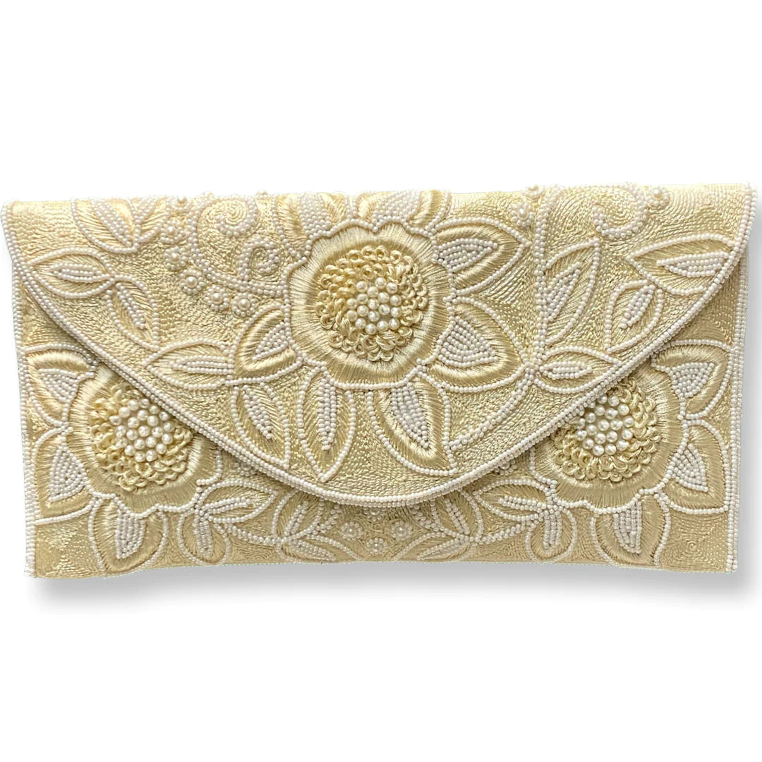 White Beads With Ivory Embroidery & Chain Strap