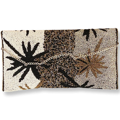 Gold Black Silver Beaded Clutch With Strap