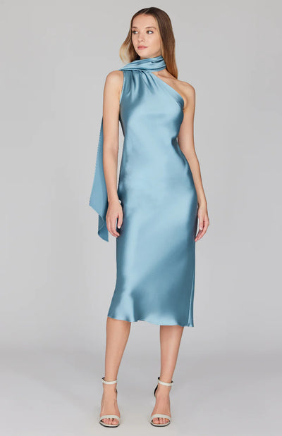 One Shoulder Bias Dress w/ Scarf in Steel Blue