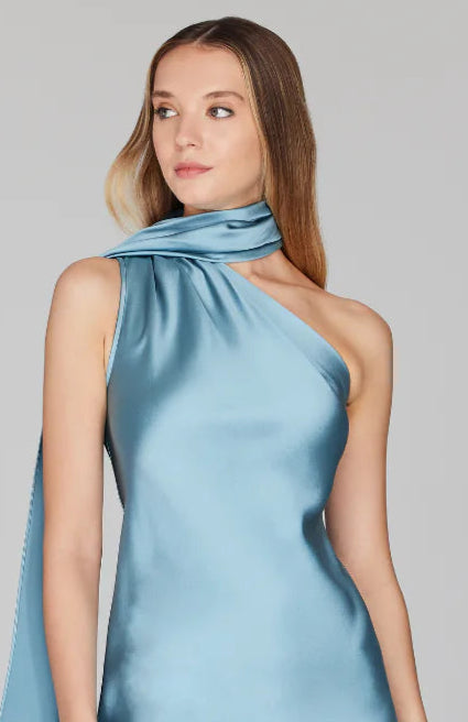 Satin One Shoulder Bias Top w/Scarf in Steel Blue