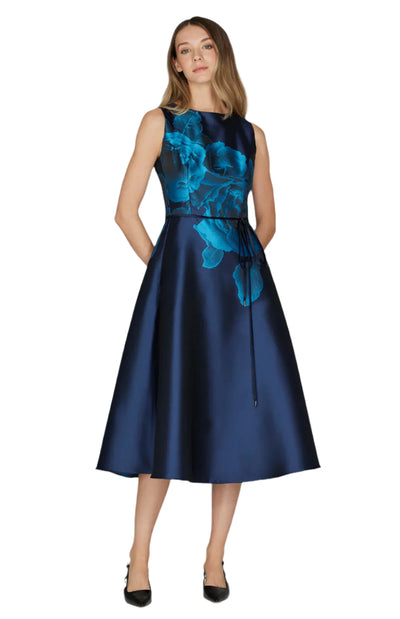Shadow Rose Jacquard Sleeveless Fit & Flare Dress w/ Bias Trim