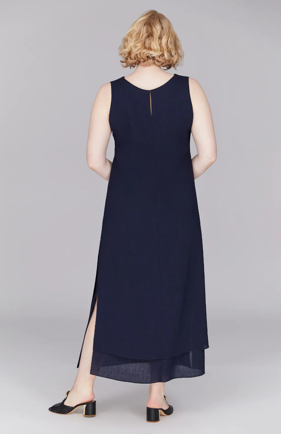 Microlinen Double Layer V Neck Dress in Midnight