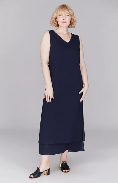 Microlinen Double Layer V Neck Dress in Midnight