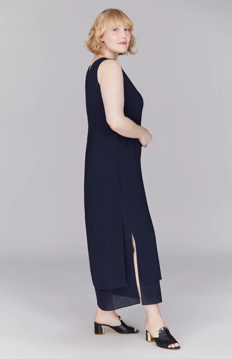 Microlinen Double Layer V Neck Dress in Midnight