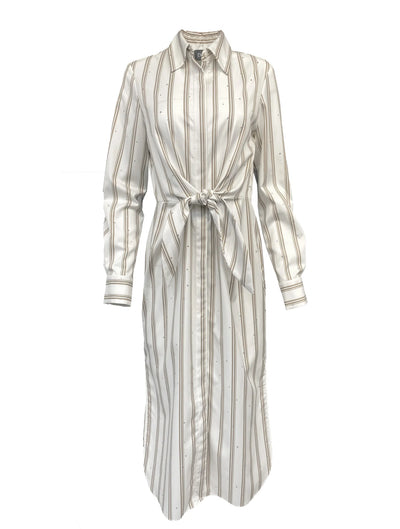 Amelia Long Sleeve Tie Front Shirt Dress in Rigato Stone