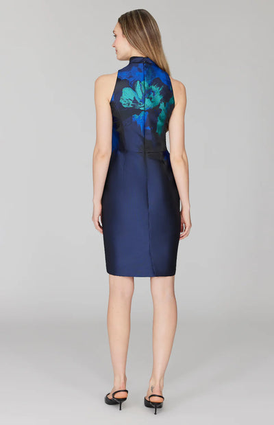 Watercolor Fitted Dress w/ High Neck in Blue Multi