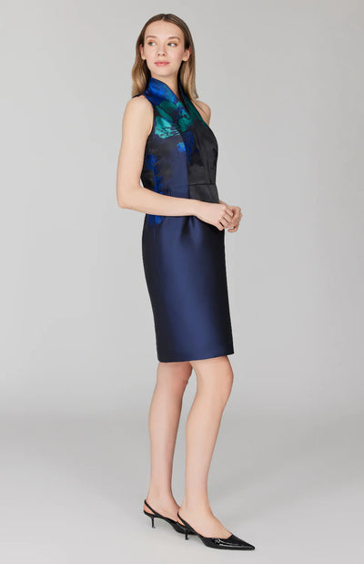 Watercolor Fitted Dress w/ High Neck in Blue Multi