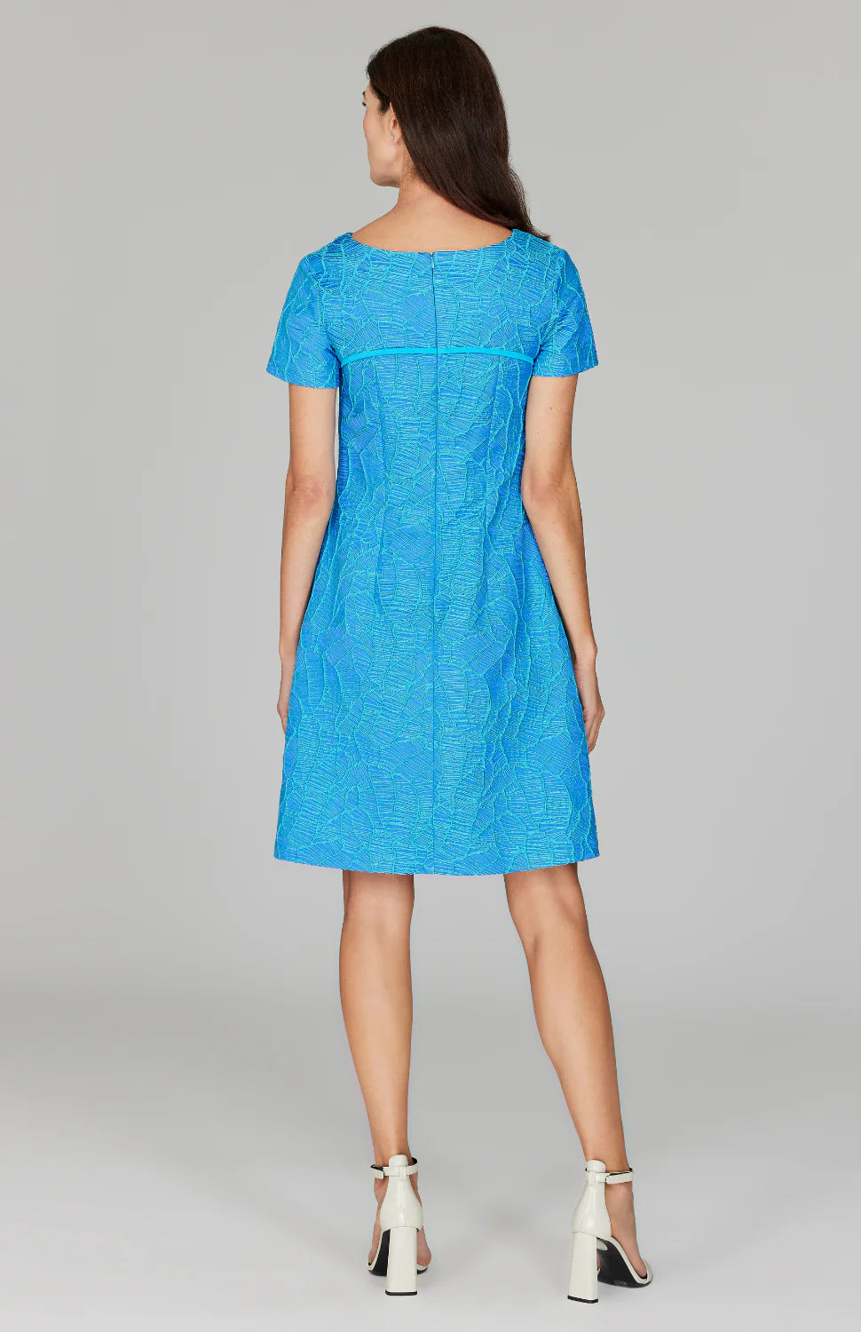 Abstract Botanic Stretch Jacquard Fit & Flare Dress in Blue