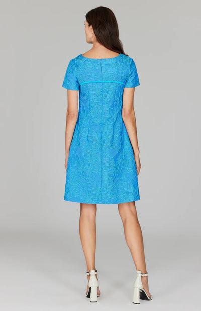 Abstract Botanic Stretch Jacquard Fit & Flare Dress in Blue