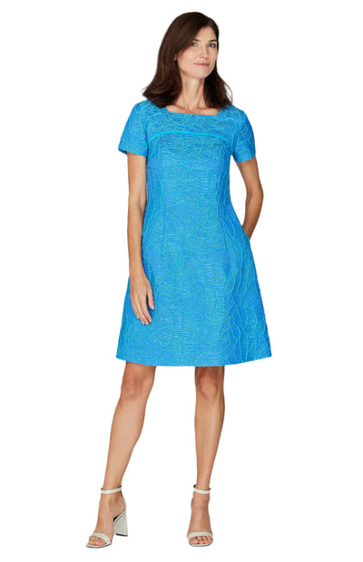 Abstract Botanic Stretch Jacquard Fit & Flare Dress in Blue